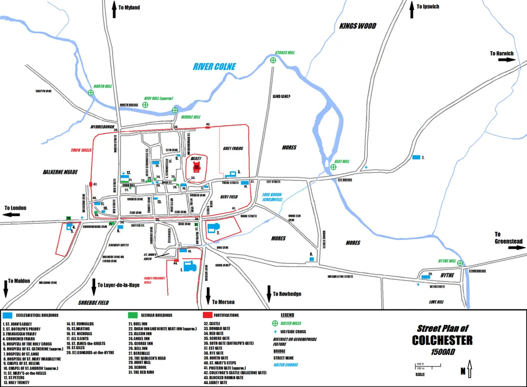A street map of Colchester in Essex from 1500AD, showing main roads and features.