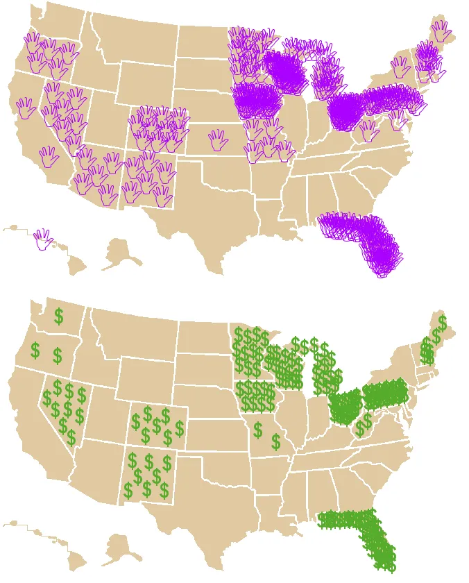 These maps show the amount of attention the Bush and Kerry campaigns (considered together) gave to each state during the final five weeks of the 2004 election:
At the top, each waving hand represents a visit from a presidential or vice-presidential candidate during the final five weeks of the election. (Candidates' visits to their own home states are not counted.)
At the bottom, each dollar sign represents one million dollars spent on TV advertising by the campaigns during the same time period.

Data from FairVote's report, "Who Picks the President?"