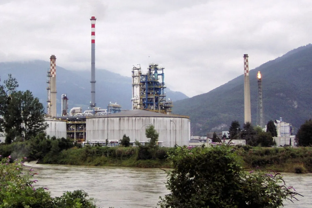 Collombey refinery of Tamoil next to Rhone river in Switzerland.