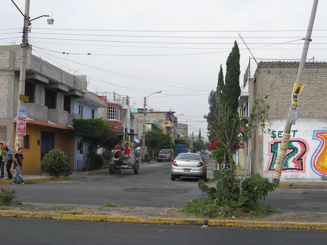 View of small residential street in Ciudad Nezahualcoyotl, Mexico with horse-drawn garbage "truck"
