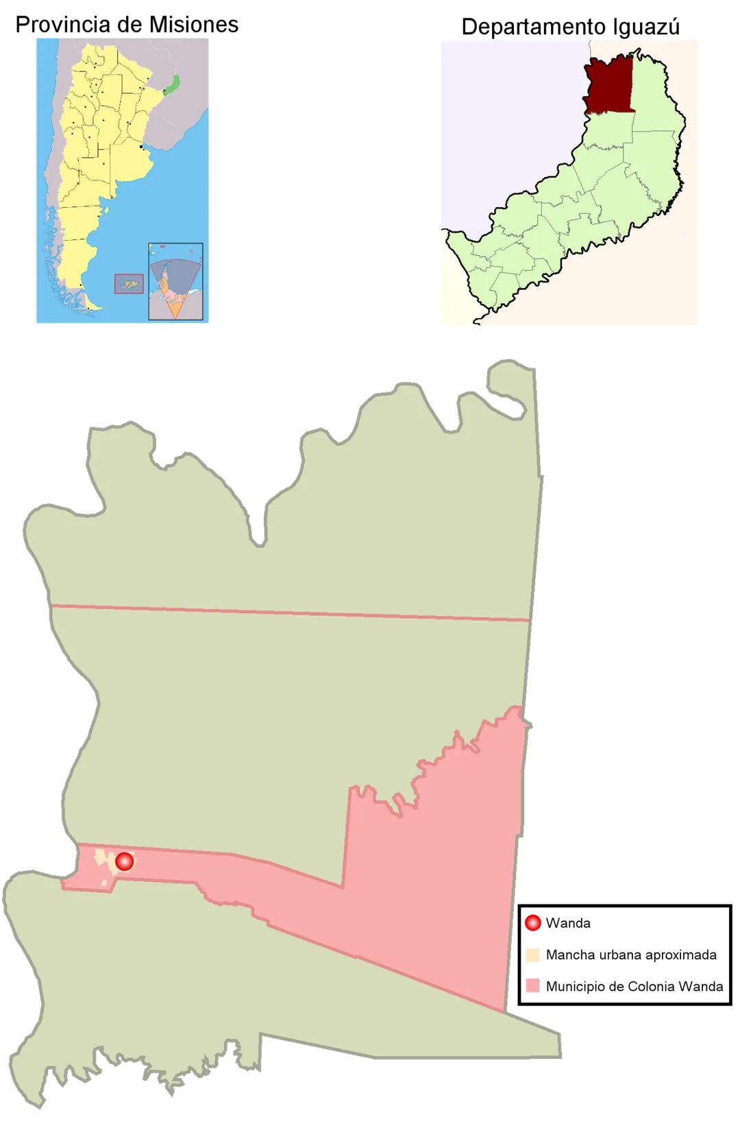 A map showing municipio of Colonia Wanda in Iguazú departament, Misiones province, Argentina. Also shows Wanda town location and its urban sector. Created with GIMP.