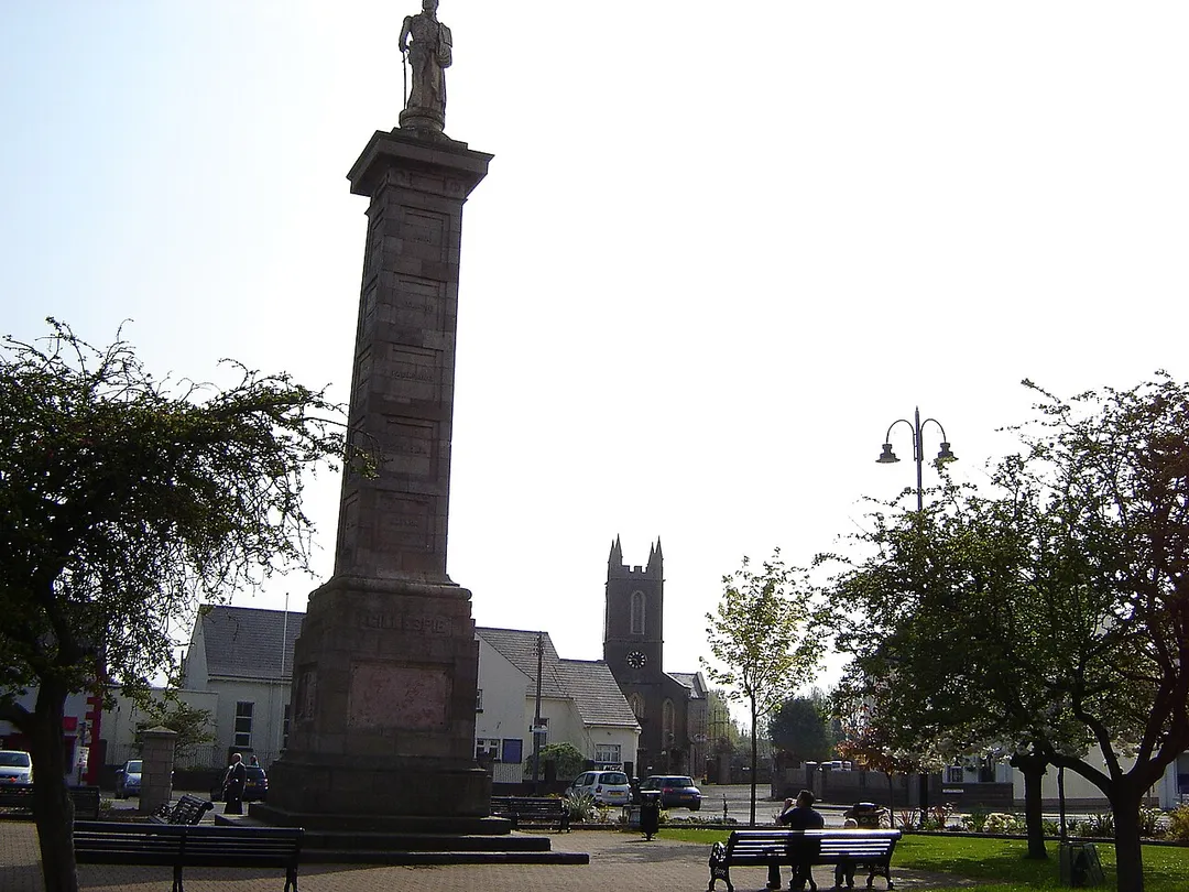 The Square of Comber, Co. Down, with the Statue of Gillespie, and the Parish Church.