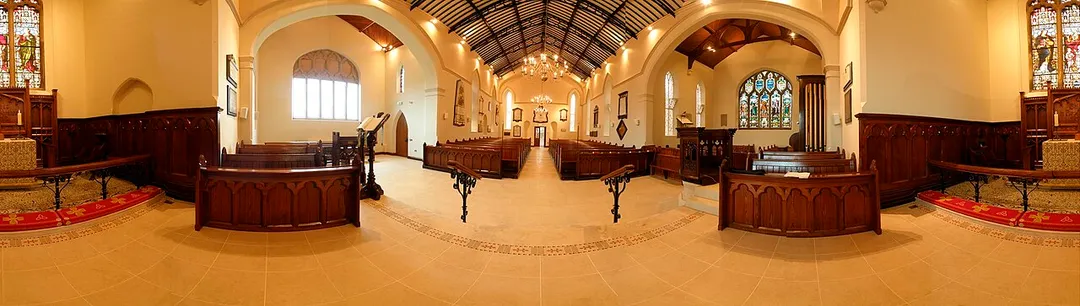 A panoramic view of the interior of St. Mary's Parish Church, Comber, taken from the chancel steps. The stained glass window in the South Transept has not yet been installed (it was installed in December 2008, the photo was taken the previous September)