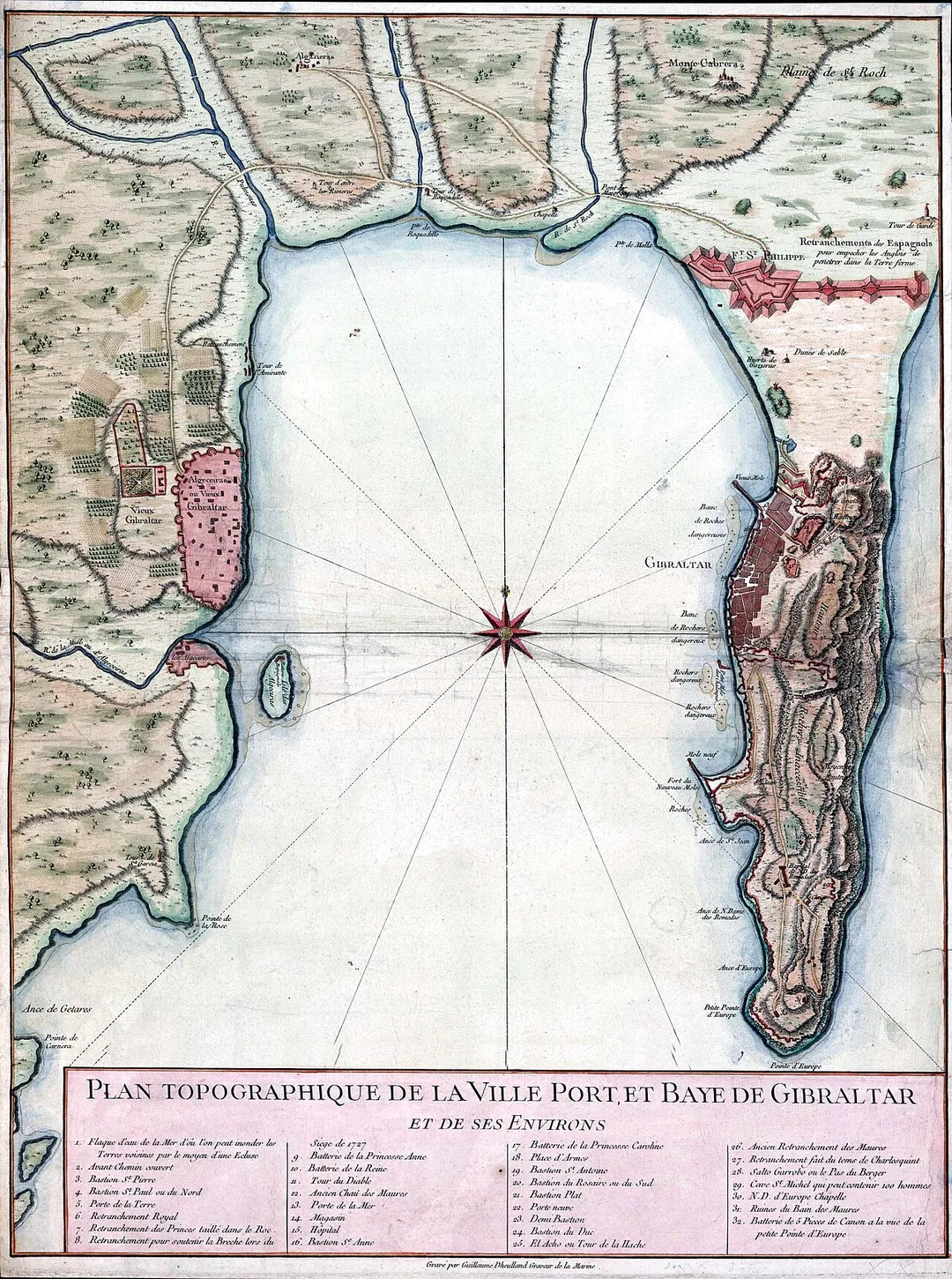 Topographic map of Gibraltar and the Bay of Gibraltar, circa 1750