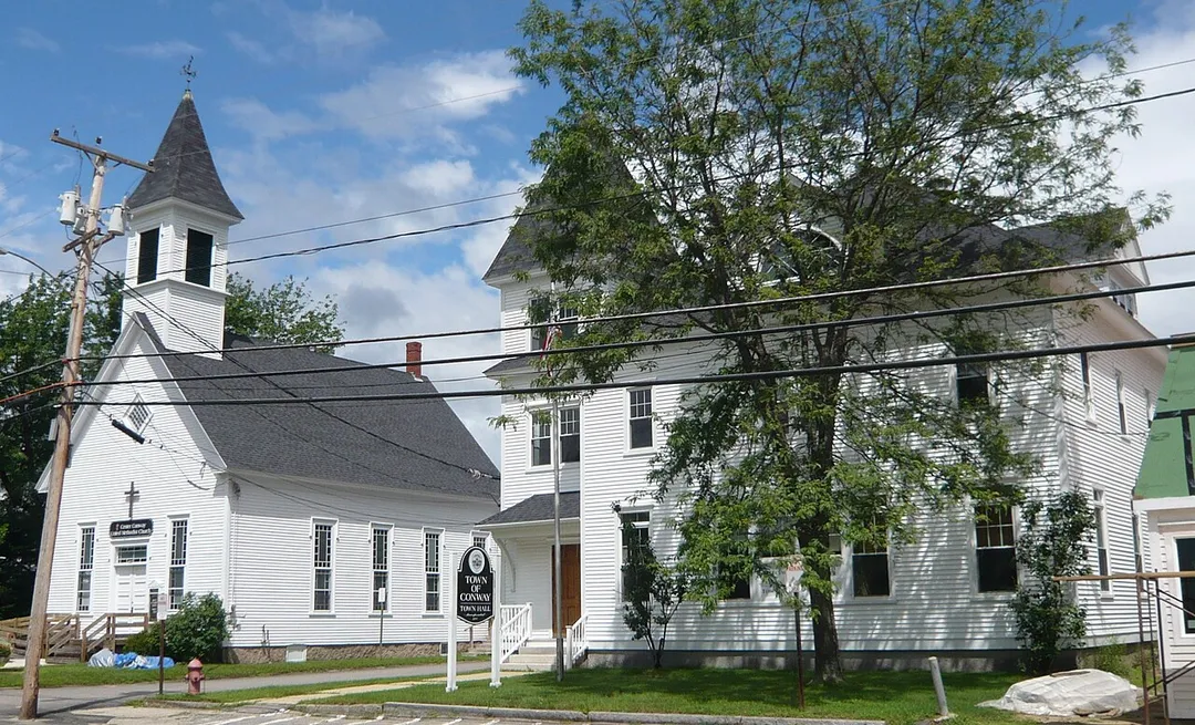 Town Hall (right), and United Methodist Church (left), in Center Conway, New Hampshire