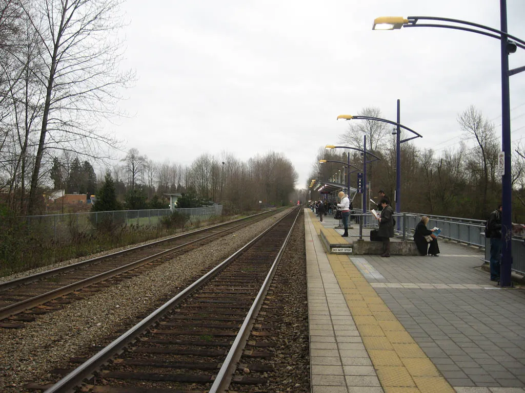 Commuters waiting for the West Coast Express at Coquitlam Station, British Columbia, Canada.