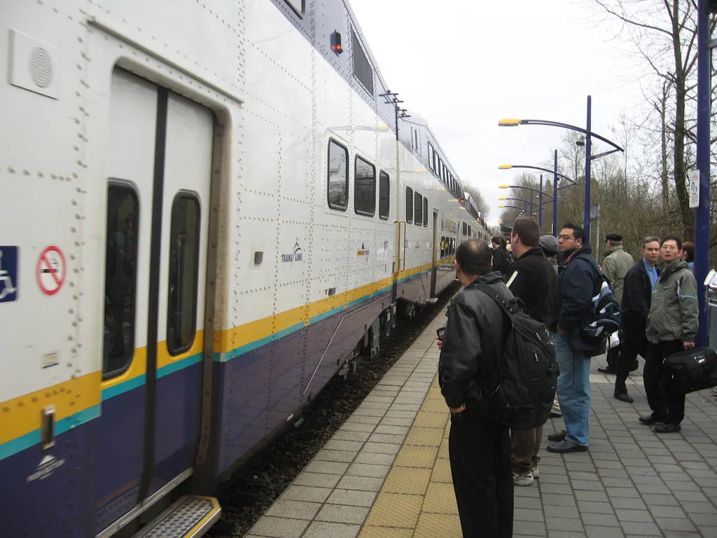 Commuters about to board the West Coast Express at Coquitlam Station, British Columbia, Canada.