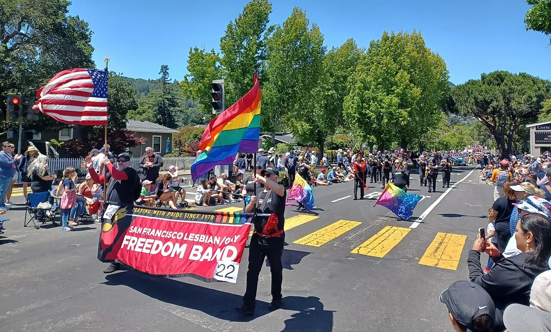 San Francisco Lesbian/Gay Freedom Band at the Corte Madera-Larkspur 4th of July Parade and Festival in 2023.