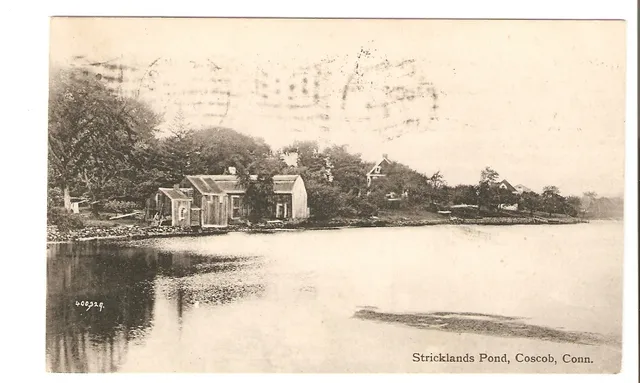 Postcard picture: Stricklands Pond, Cos Cob, Connecticut, 1911 postmark. Cos Cob is a section of Greenwich, Connecticut. From source: "STRICKLANDS POND, COSCOB, CONN., USED POSTCARD WITH DIVIDED BACK WITH POSTMARK OF 1911. INK FROM CANCELLATION ON THE FRONT IN THE SKY AS NOTED IN THE SCAN."