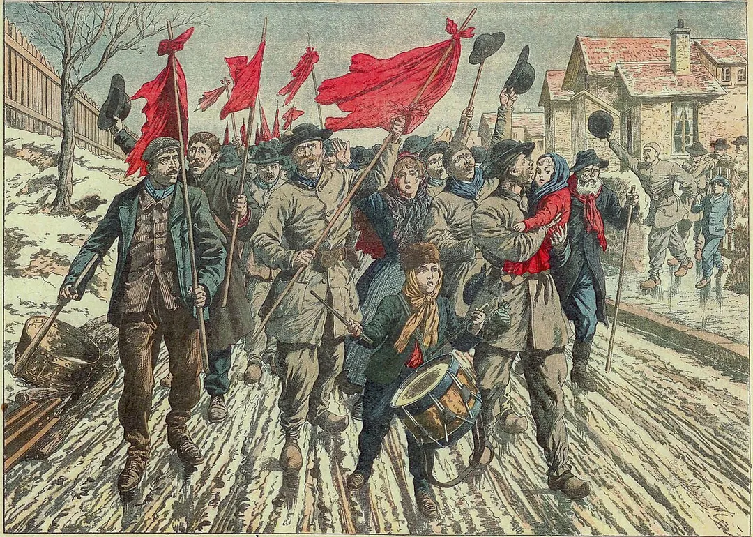 Le cortège des mineurs du Pas-de-Calais en grève parcourant les corons.