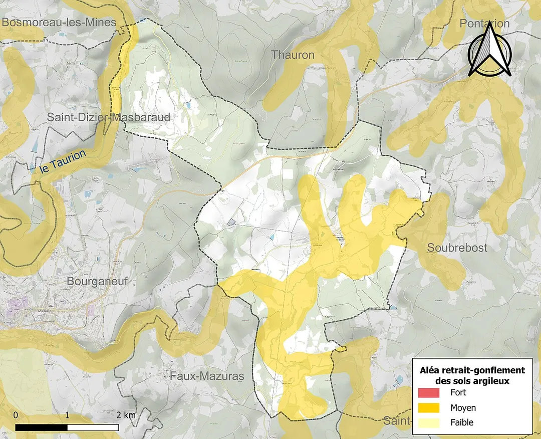 Carte de l'aléa retrait-gonflement des argiles sur la commune de fr:Mansat-la-Courrière (France).