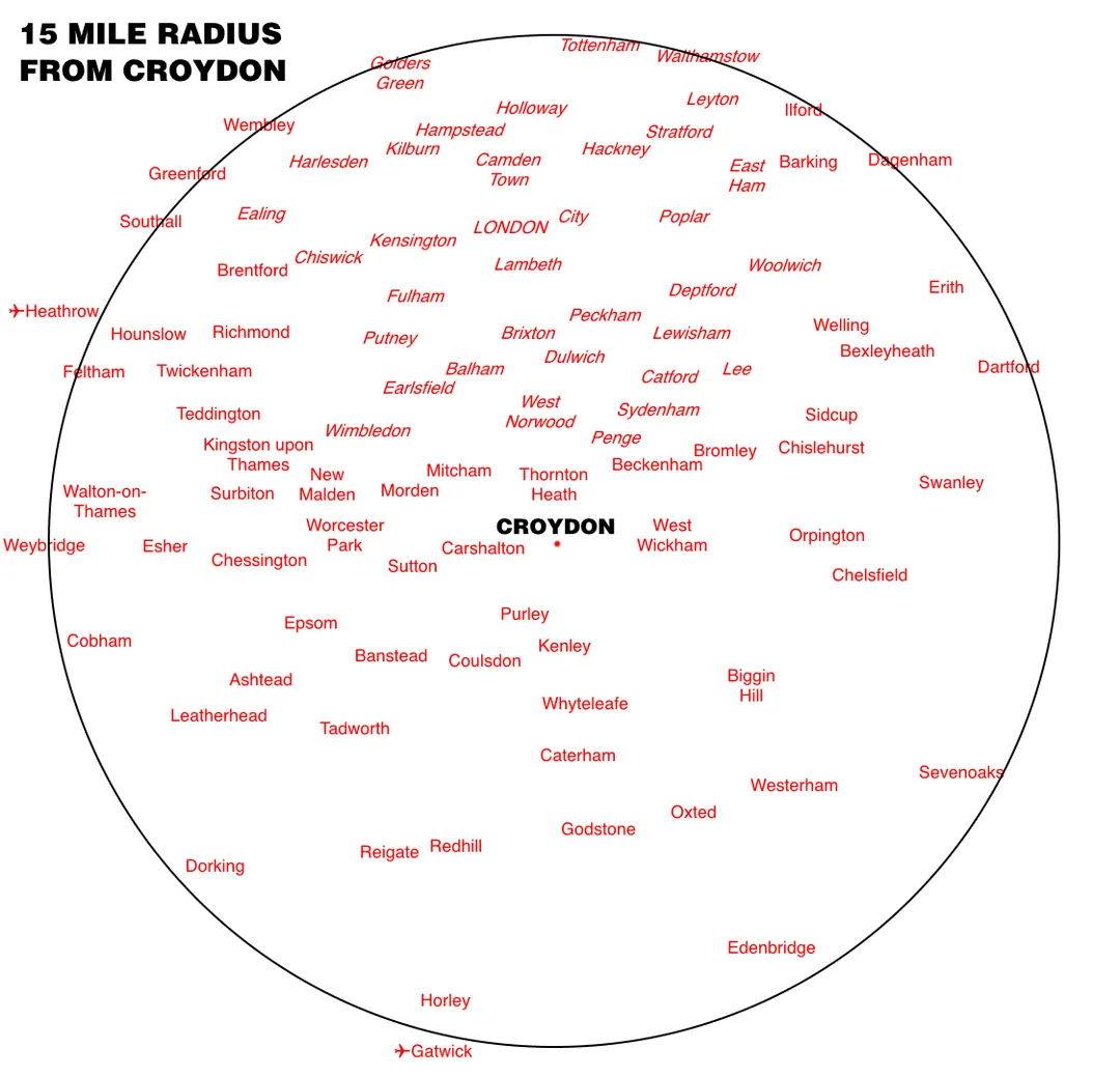 15 mile radius circle map from Croydon, England.