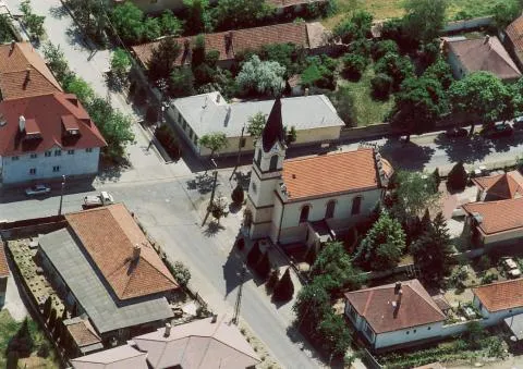 Csömör, Hungary, aerial photography. Evangélikus templom