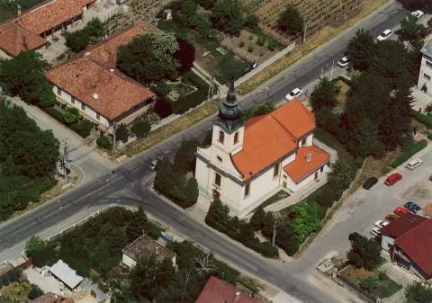 Csömör, Hungary, aerial photography. Szentháromság római katolikus templom