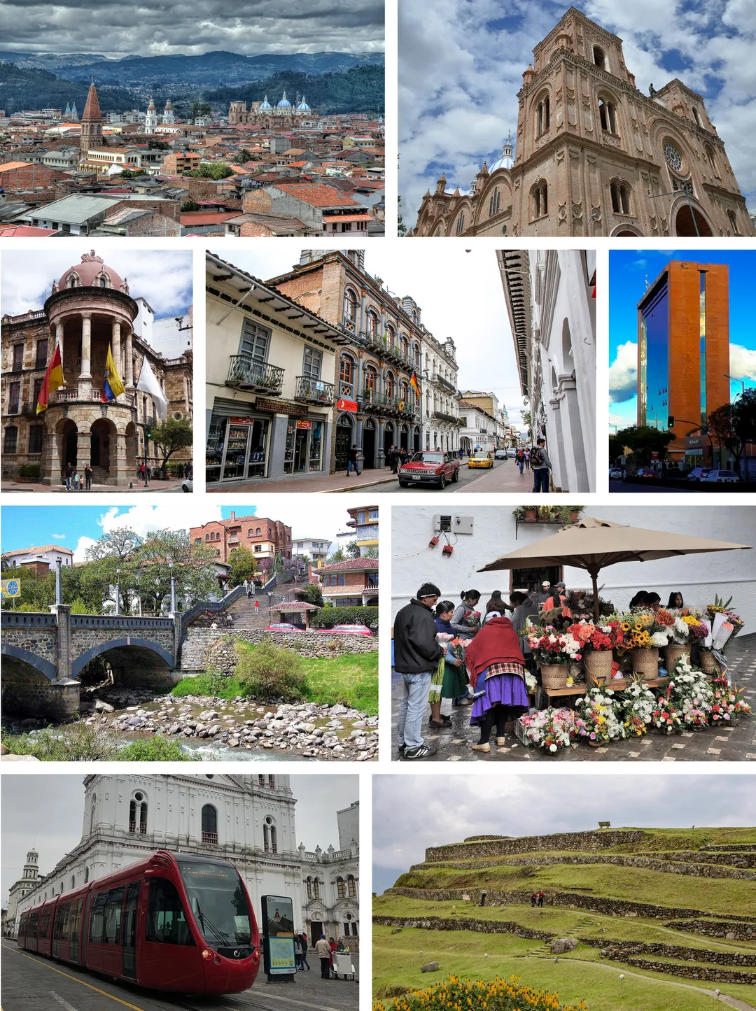 From top, left to right: Panoramic view of the Historic Center, Cathedral of the Immaculate Conception of Cuenca, City hall of Cuenca, Presidente Borrero Street, Cuenca Chamber of Commerce, Roto Bridge, Flowers Square, Cuenca Tram and archaeological ruins of Pumapungo.