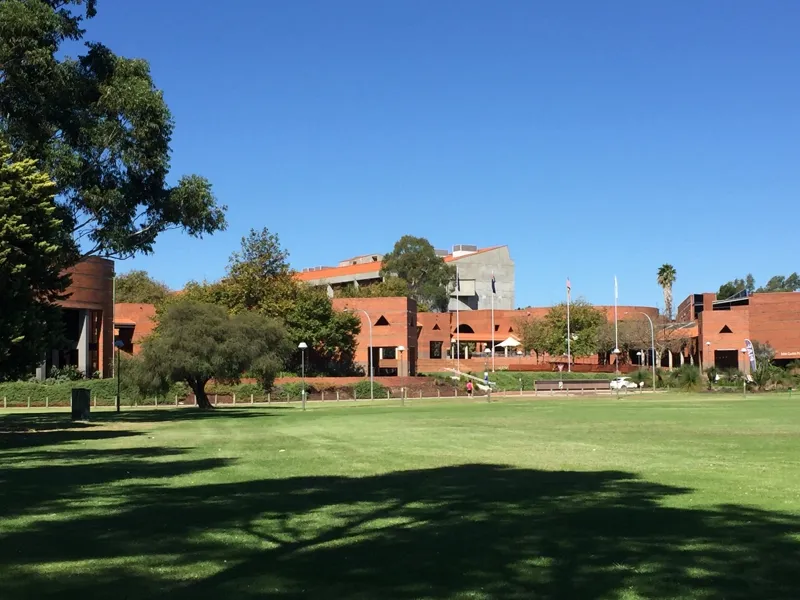 View of Curtin University chancellery building from oval.