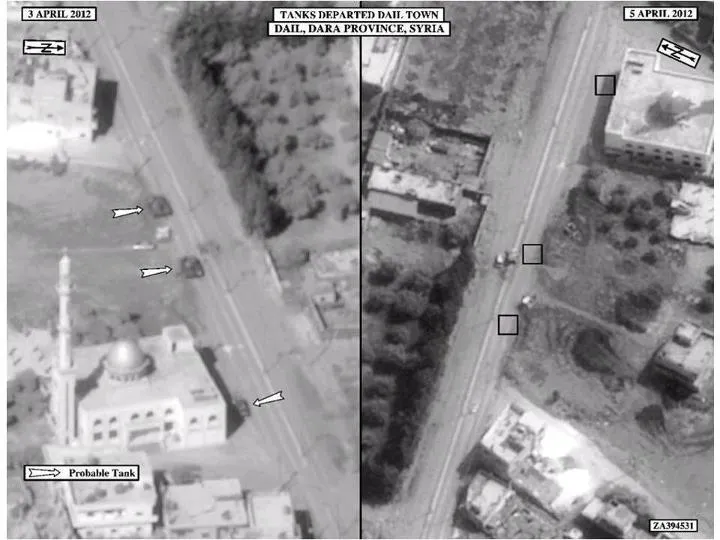 US Satellite imagery of Syrian tanks departing Da’el in Daraa province after several days of assaults against the town