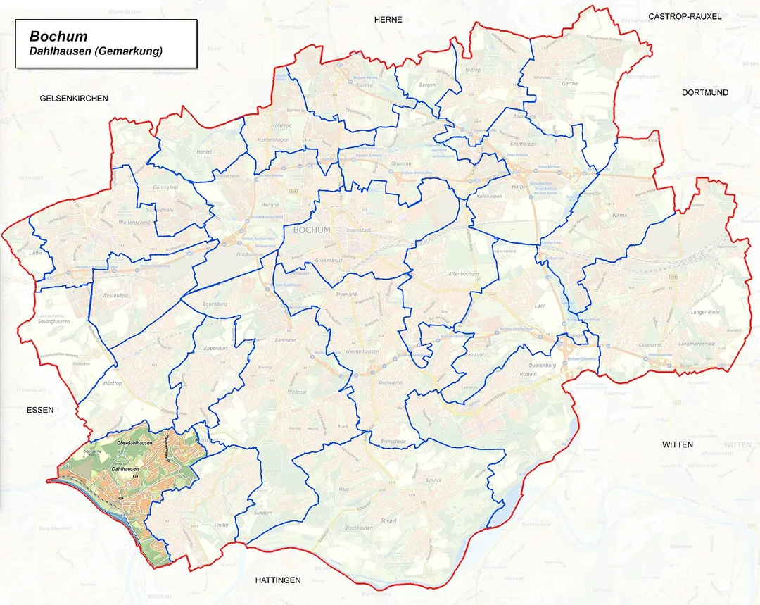 Karte von Bochum mit einer Hervorhebung der Gemarkung Dahlhausen