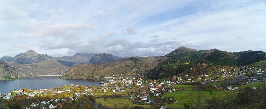 Panorama of the Norwegian village Dale i Sunnfjord. Visible in the background is the new Dalsfjordbridge.