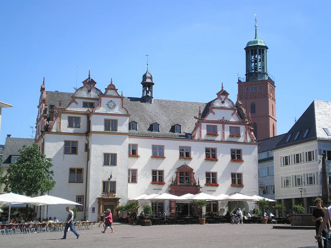 The old City Hall and Market Square in Darmstadt.