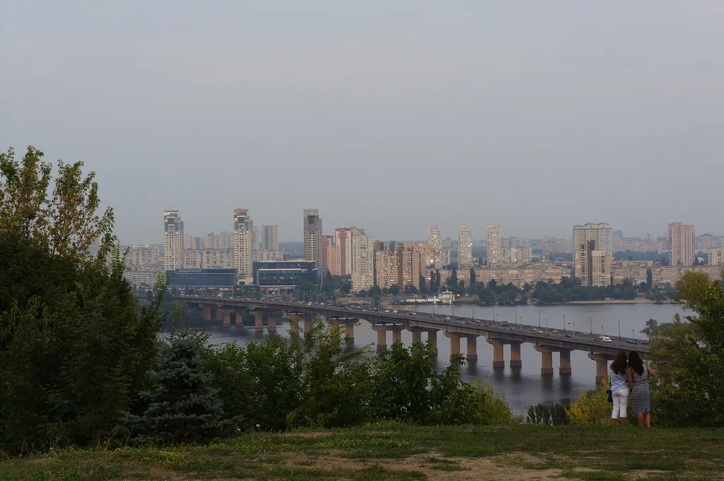 View on the Left Bank neighbourhood of Kyiv, with Paton Bridge in the foreground