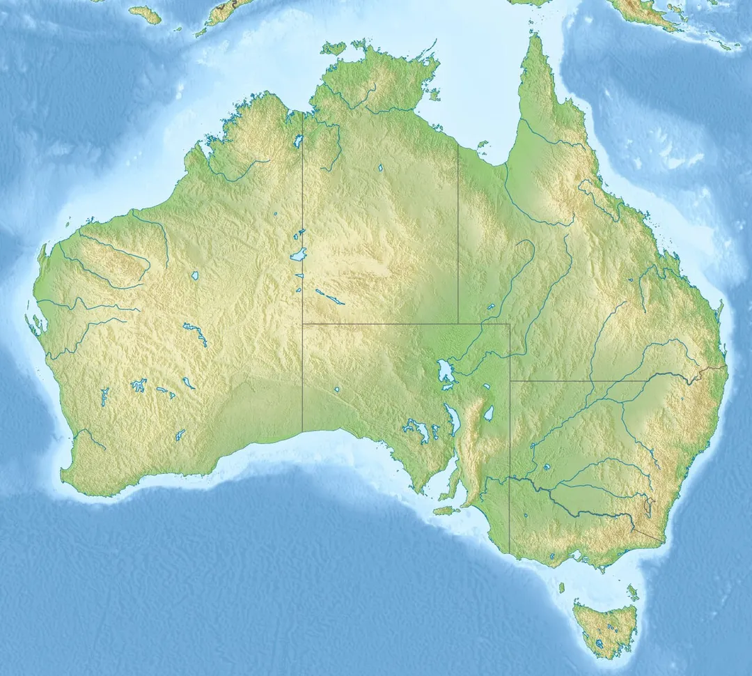 Relief map of Australia, including the borders of the states of the Commonwealth of Australia