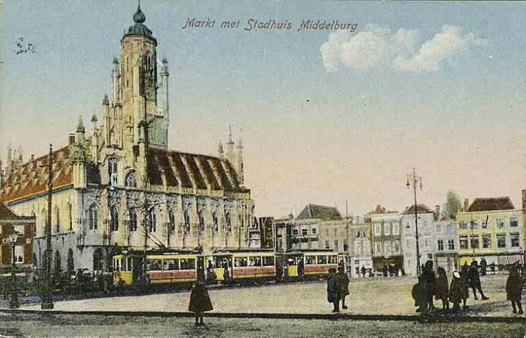 The town hall of Middelburg, The Netherlands and the steam tram (1905 - 1915).