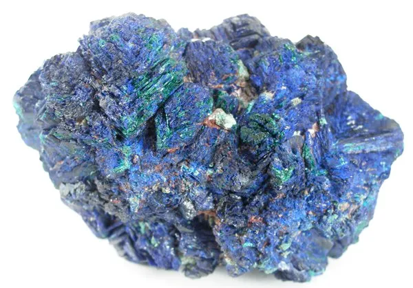 Azurite, Malachite
Locality: Tongshankou Mine (Tongchankou Mine), Edong Mining District, Daye County, Huangshi Prefecture, Hubei Province, China (Locality at mindat.org)
Size: 6.8 x 5.2 x 3.5 cm.
Highly lustrous, royal-blue to midnight-blue aggregates of azurite blades form a very showy, elongated, azurite "rose" from recent Chinese finds. This fine piece is a complete-all-around floater and is essentially pristine. Scattered bits of malachite (second photo) are a nice accent. Ex. Tarnowski Collection.