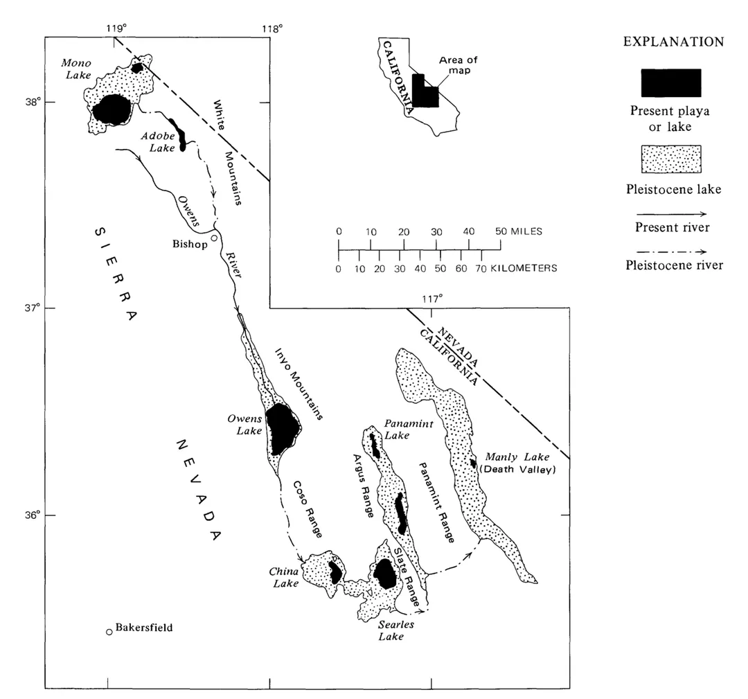 Map showing the system of once-interconnected Pleistocene lakes in eastern California (USGS)