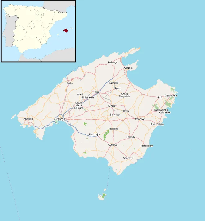 Map of Majorca
Geographic limits of the map:

N: 40.218°
S: 39.012°
W: 2.224°
E: 3.671°

 This file is licensed under the Creative Commons Attribution-Share Alike 2.0 Generic license.
You are free:
to share – to copy, distribute and transmit the work
to remix – to adapt the work
Under the following conditions:
attribution – You must give appropriate credit, provide a link to the license, and indicate if changes were made. You may do so in any reasonable manner, but not in any way that suggests the licensor endorses you or your use.
share alike – If you remix, transform, or build upon the material, you must distribute your contributions under the same or compatible license as the original.https://creativecommons.org/licenses/by-sa/2.0CC BY-SA 2.0 Creative Commons Attribution-Share Alike 2.0 truetrue