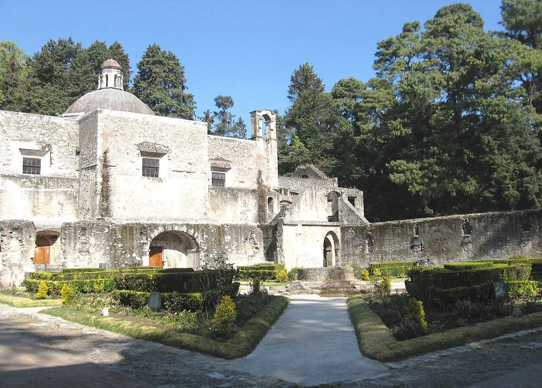 View of main garden and eastern side of chapel of the Convent of Desierto de los Leones.
In Desierto de los Leones National Park, in western México, D. F..
