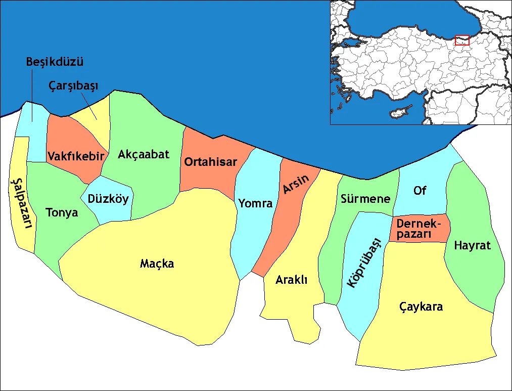 Map of the districts of Trabzon province in Turkey. Created by Rarelibra 17:52, 4 December 2006 (UTC) for public domain use, using MapInfo Professional v8.5 and various mapping resources. Edited by One Homo Sapiens Corrected text where İ,Ş,ı,ğ,or ş occurs in name. Source: [statoids-com]. Increased font size and enhanced color differences among adjacent districts.