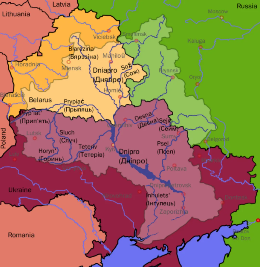 Map of the Dnipro River Basin, international version (english/kyrill)