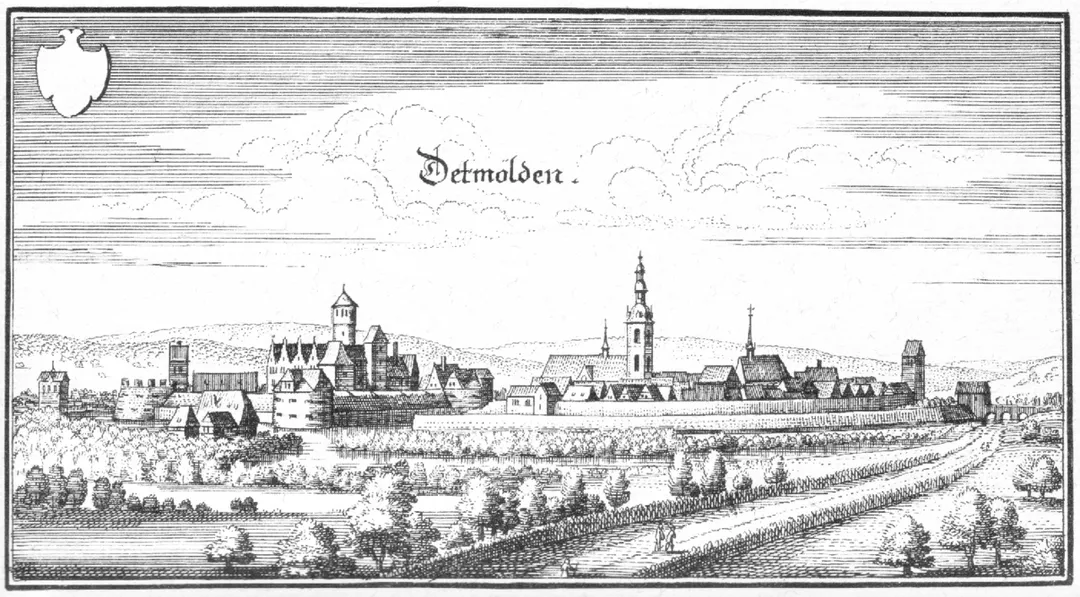Copper-engraving of the view on Detmold by Matthäus Merian. Published in "Topographia Germaniae" edition: "Topographia Westphaliae" in 1647
