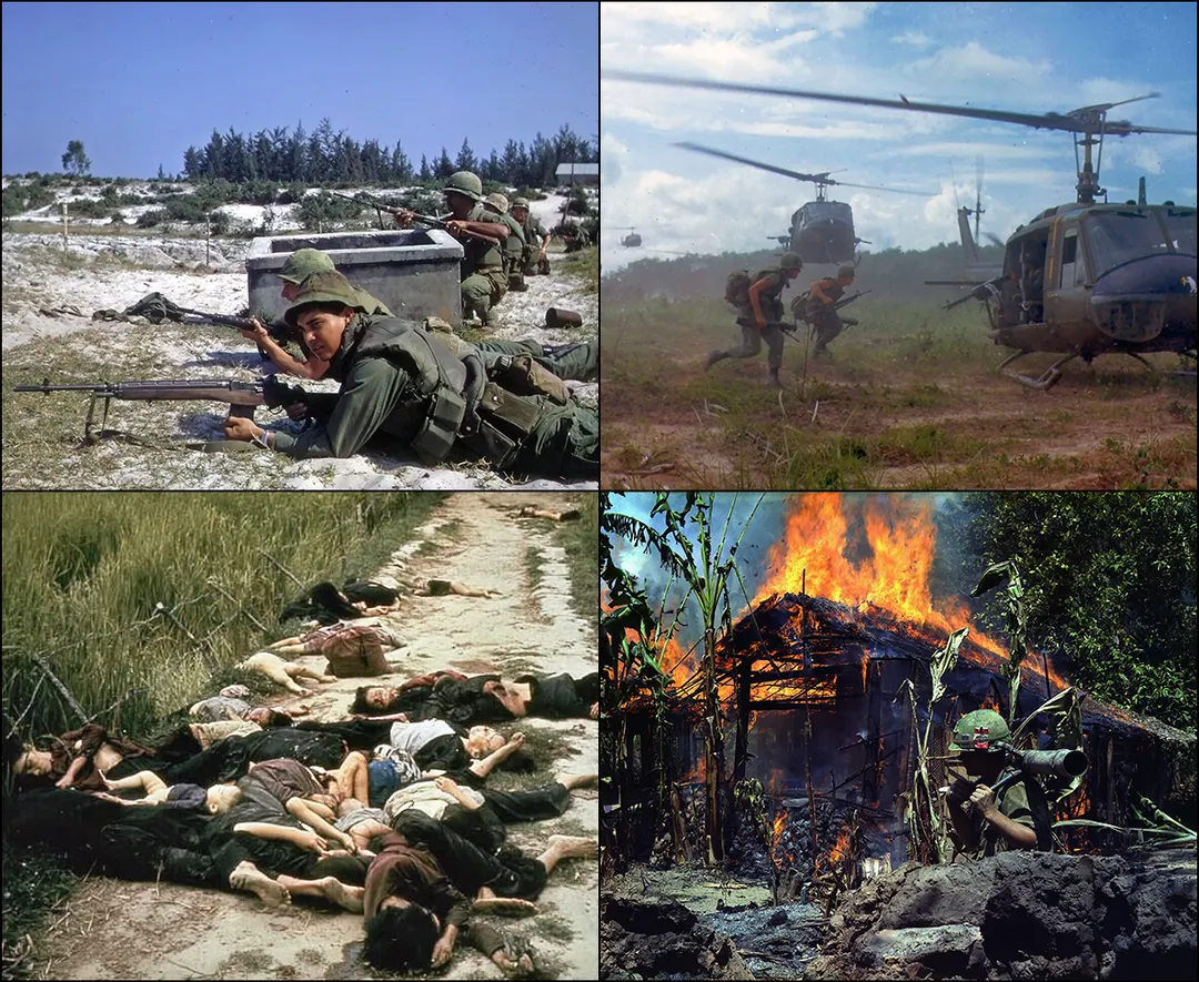 Top left: Battle of Hamo Village During the Tet Offensive. US Marines and ARVN troops defend a position against enemy attack. 
Top right: UH-1D helicopters airlift members of the 2nd Battalion, 14th Infantry Regiment from the Filhol Rubber Plantation area to a new staging area, during Operation "Wahiawa," a search and destroy mission conducted by the 25th Infantry Division, northeast of Cu Chi, 1966 
Bottom left: Unidentified Vietnamese bodies on road. 
Bottom right: A Viet Cong base camp being burned down.