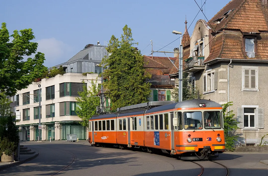 Bremgarten-Dietikon-Bahn train type BDe 8/8 on the tramway-like section through Dietikon, just before the terminal station.