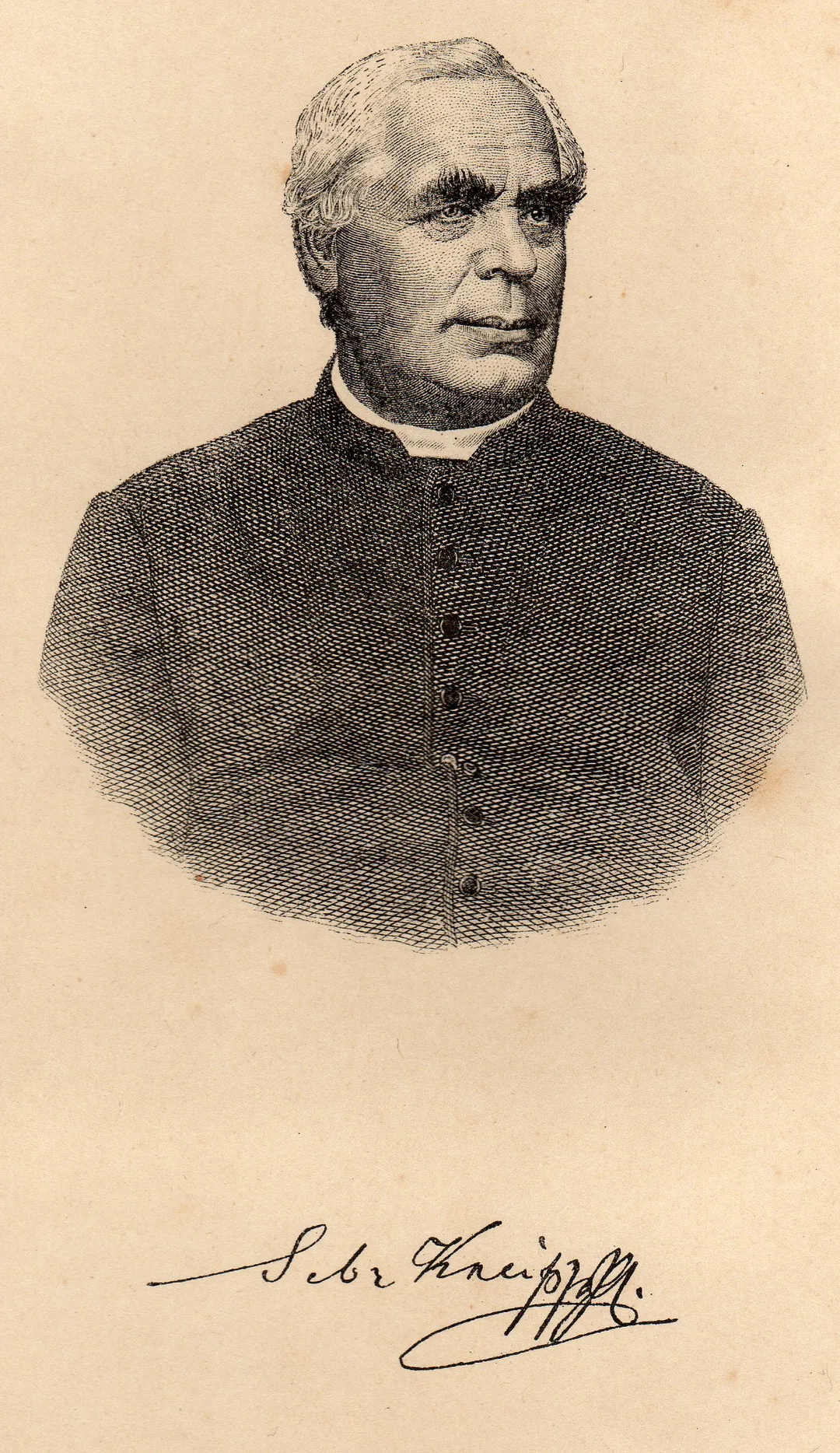 Porträt von Sebastian Kneipp. wood engraving print After photographmedium QS:P186,Q125191.