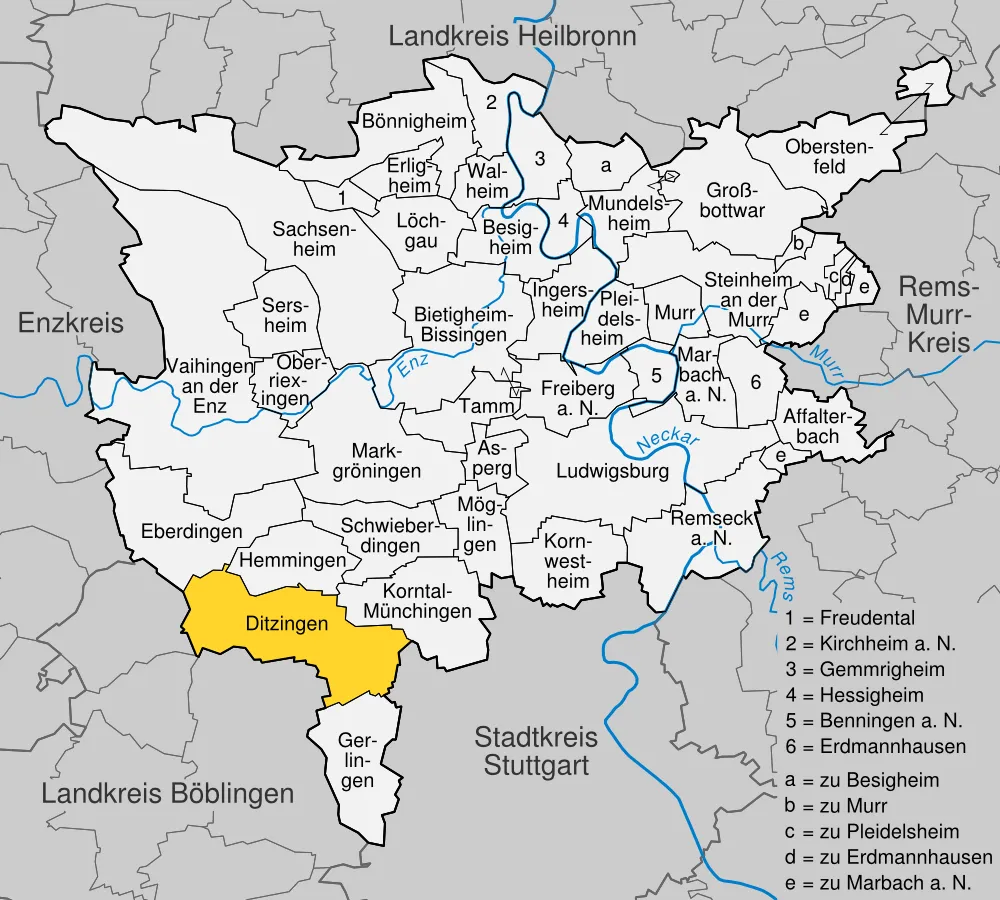 position of Ditzingen within distict of Ludwigsburg, Baden-Württemberg, Germany