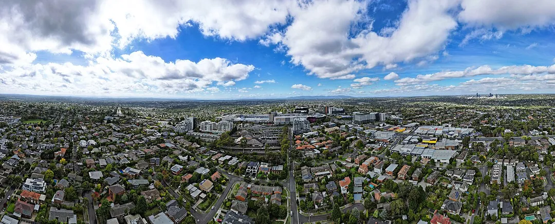 Aerial panorama of the elevation of Doncaster Hill and its surrounds. April 2023.