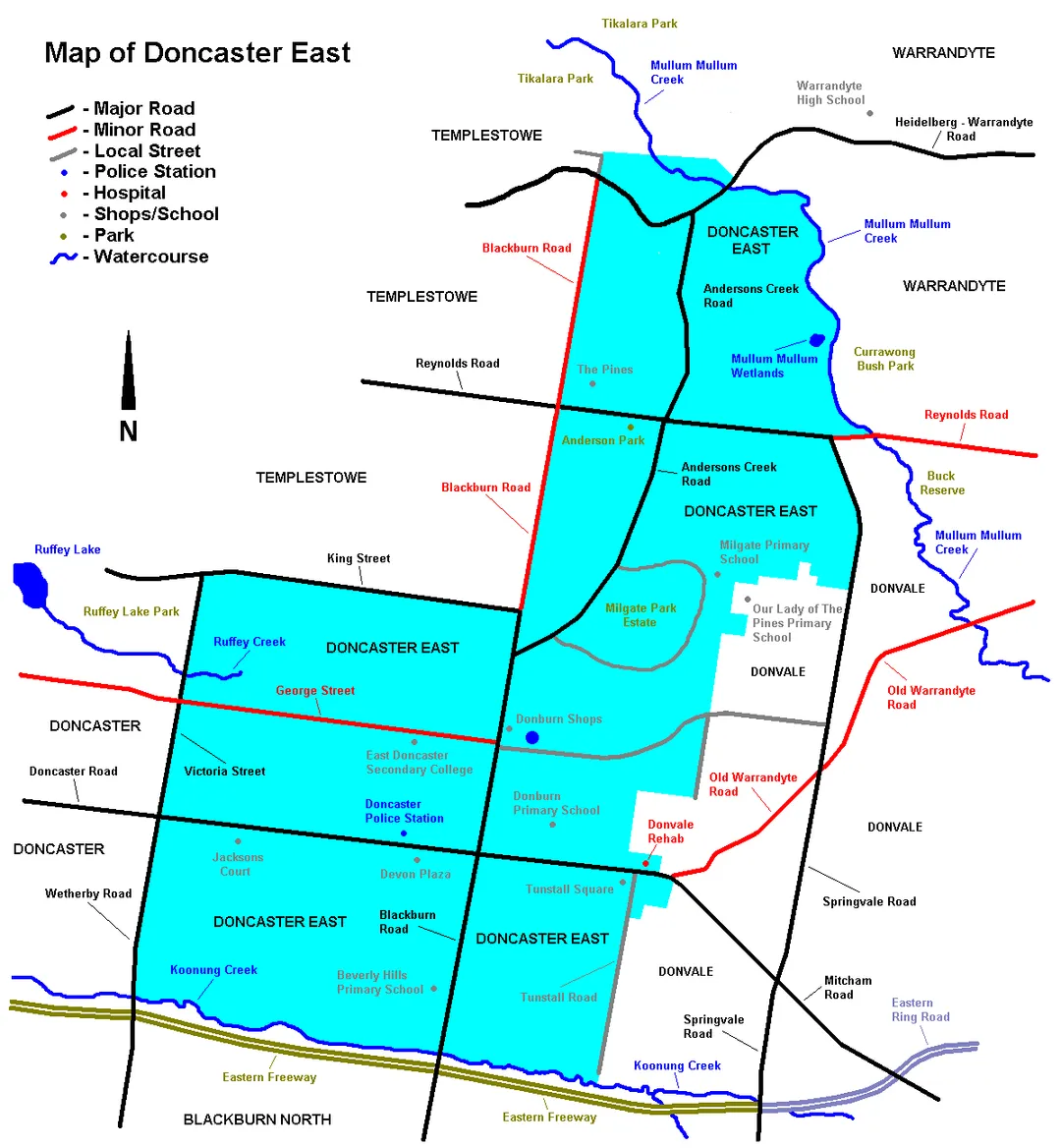 a simplified map of doncaster east, a suburb of Melbourne, Australia, showing basic features.