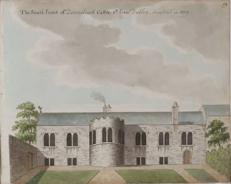 The castle had already fallen into decay by this time, and was demolished 1759.
Drawing by Thomas Ashworth (died 1757). Illustration preserved by Gabriel Beranger. It was built in the 16th century by the Ussher family on the south side of Donnybrook village by a stream. Sir William Ussher lived there before 1637. The site was bought by the Sisters of Charity in 1837.