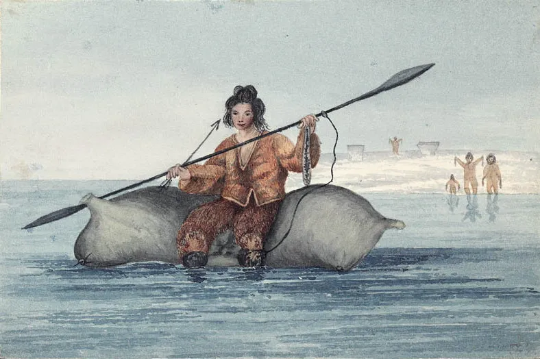 Sadlermiut man on an inflated walrus skin.
 Captain Lyon's drawing of a Sadlermiut in 1824. The Eskimo came out to the ship on a float of three inflated seal-skins which he prpelled by a slender paddle of whale's bone. The flint-headed arrow and two dreied salmon were a peace-offering.(By: W. E. Taylor: The Mysterious sadlermut. In: The Beaver Winter 1959, Hudson's Bay Company, page 29)