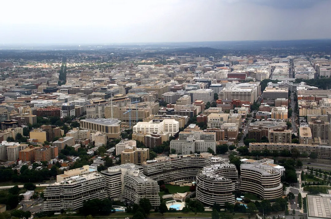 Aerial view eastward of the Foggy Bottom neighborhood in Washington, D.C.  The Watergate complex is in the foreground.