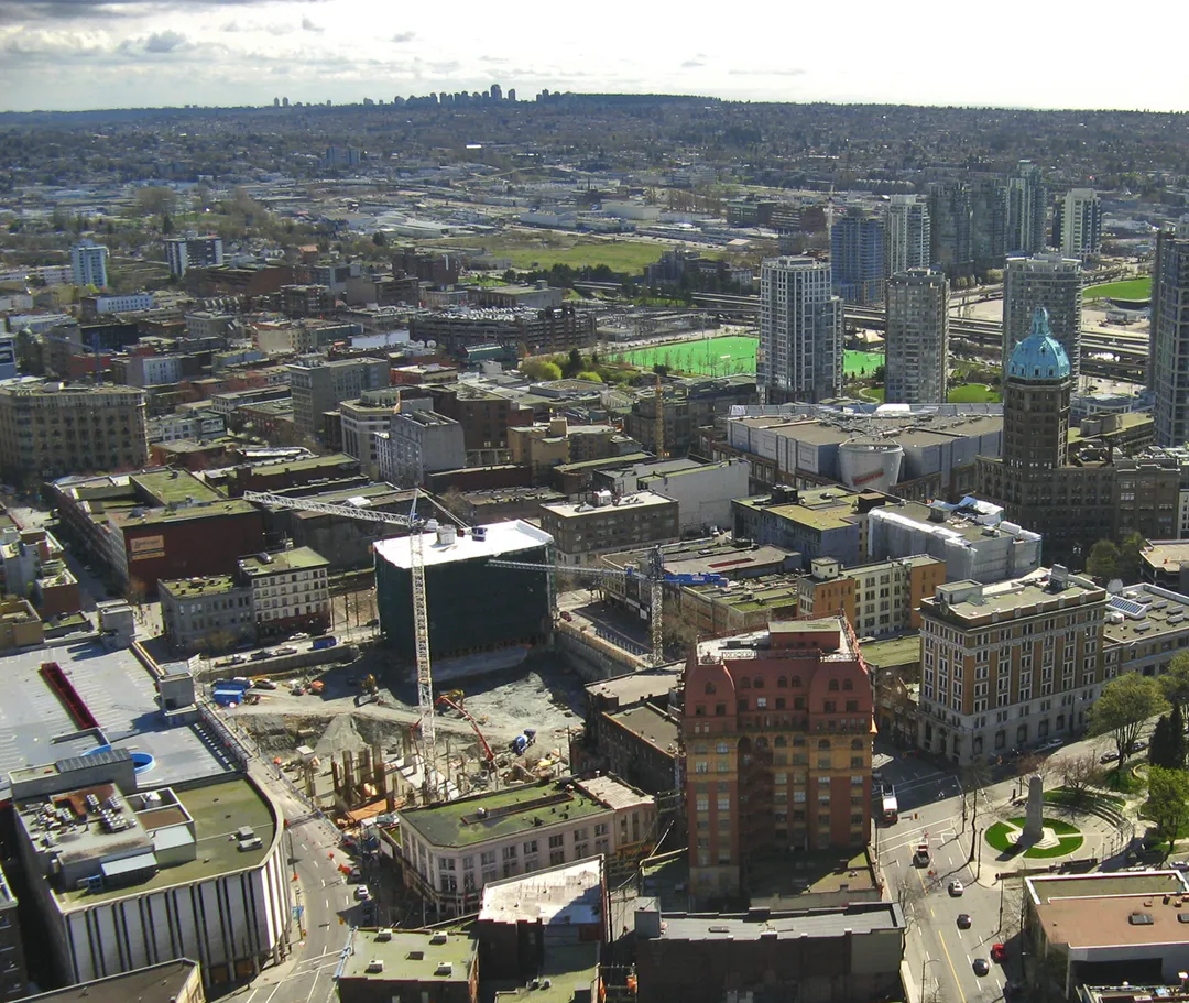 The Downtown Eastside neighbourhood of Vancouver, Canada. Picture taken from the Harbour Centre skyscraper.