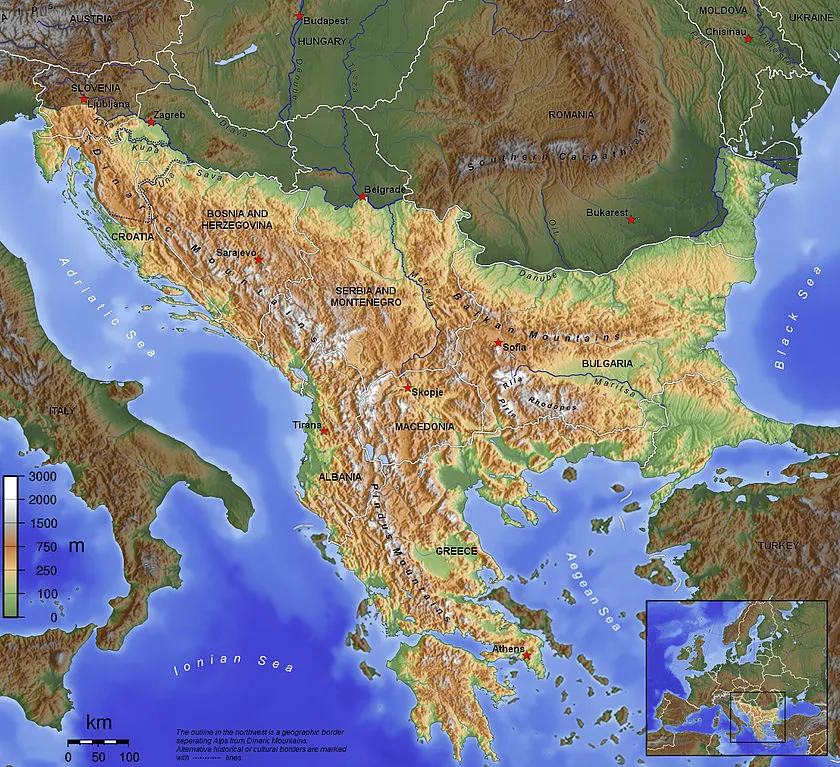 The topography of the Balkan Peninsula, as defined by the Danube-Sava-Kupa line.