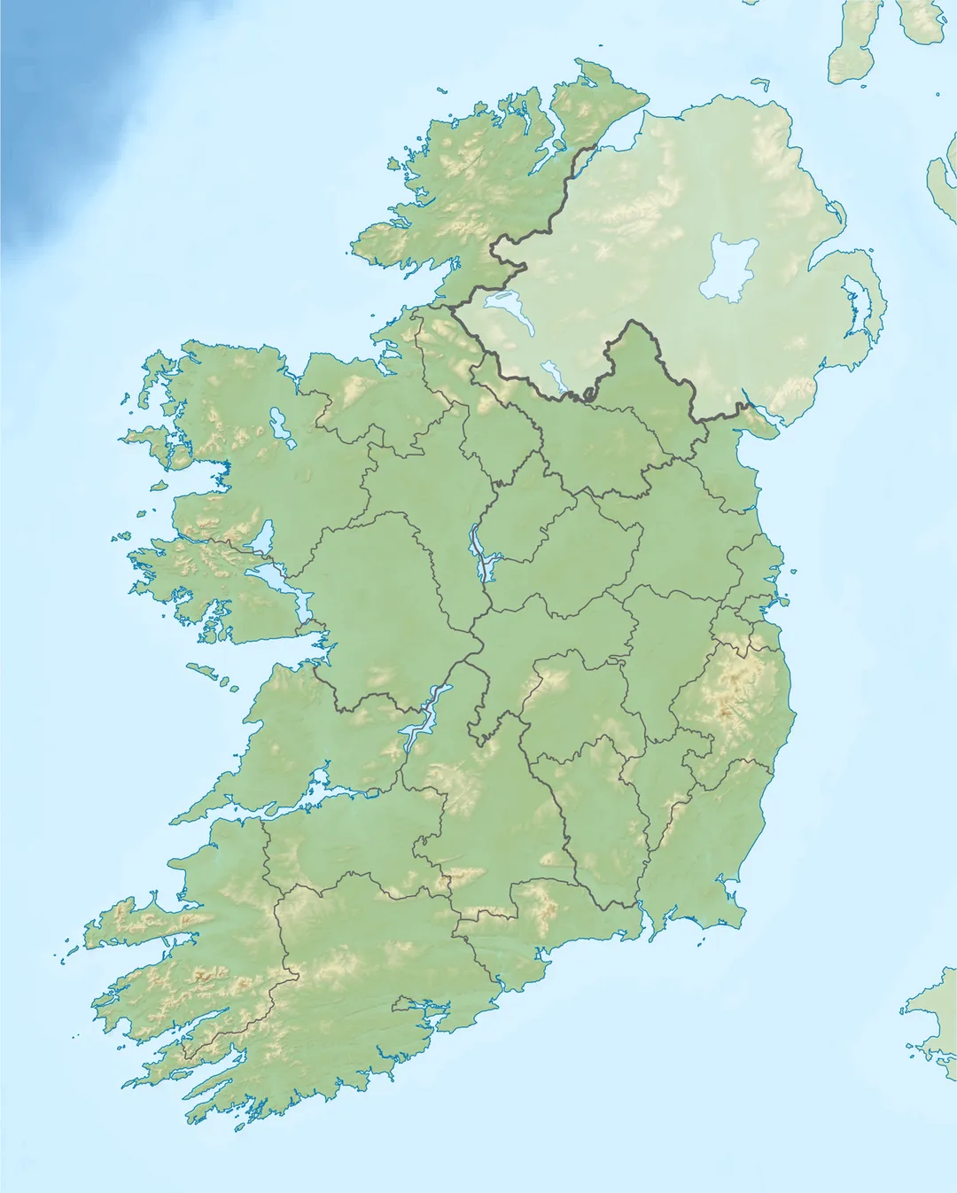 Relief location map of Ireland
Equirectangular map projection on WGS 84 datum, with N/S stretched 170%
Geographic limits:

West: 11.0° W
East: 5.0° W
North: 55.6° N
South: 51.2° N