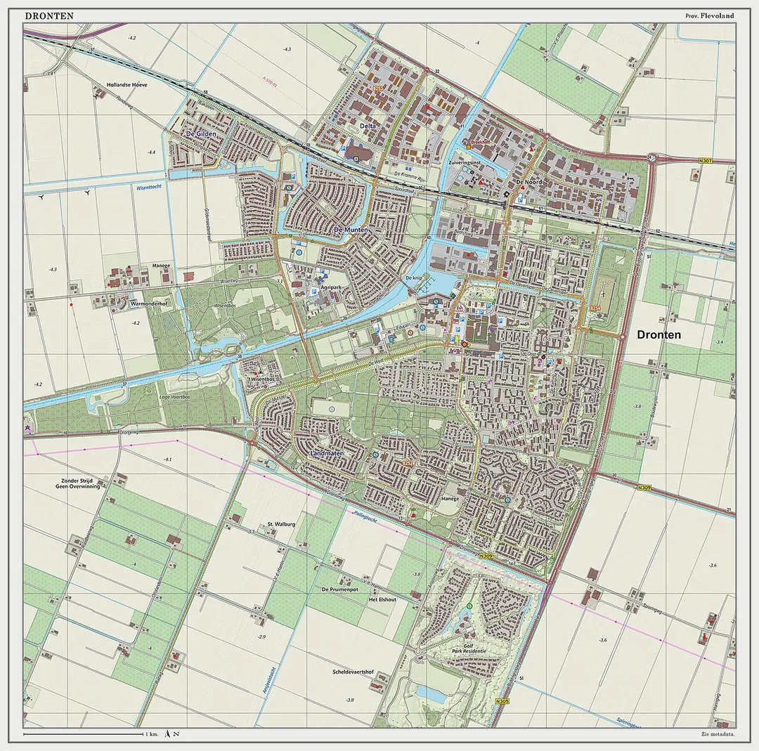 Topografische kaart van Dronten (woonplaats). Resolutie: 300 pixels/km.
Kaartbeeld samengesteld uit de open geodata van de Top10NL en Top25namen (Basisregistratie Topografie, Kadaster), Creative Commons BY licentie. Gebouwvlakken uit open geodata BAG extract. Wegen uit de OpenStreetMap. Reliëfschaduw uit de Actuele Hoogtekaart AHN2.

Samenstelling en kleurenschema: Jan-Willem van Aalst, met QGIS2. Zie ook de Legenda.