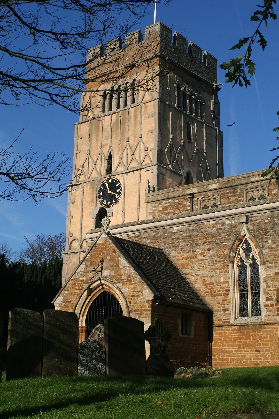 10th-century Saxon west tower and 14th-century south porch of All Saints' parish church, Earls Barton, Northamptonshire