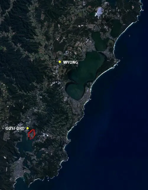 Central Coast, New South Wales, with the suburb of East Gosford marked in red, and city centres marked for reference.