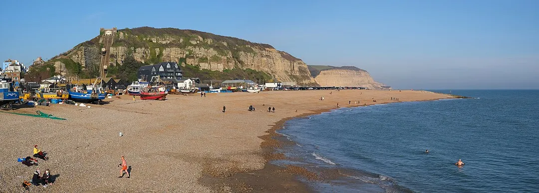 Panoramic view of Hastings beach, Kent, UK.
